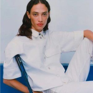 ZARA | Cropped White Denim Shirt Jacket with Pockets (XS)